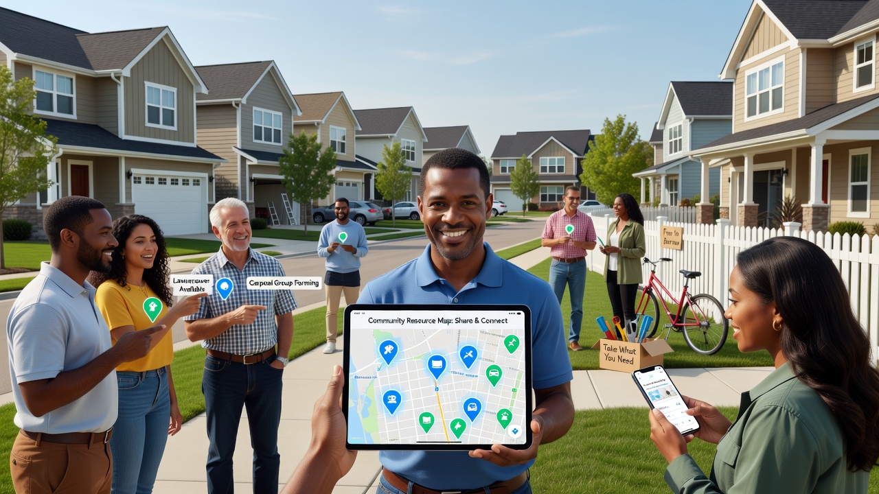 Suburban residents coordinating a tool share through a community mapping app on mobile devices