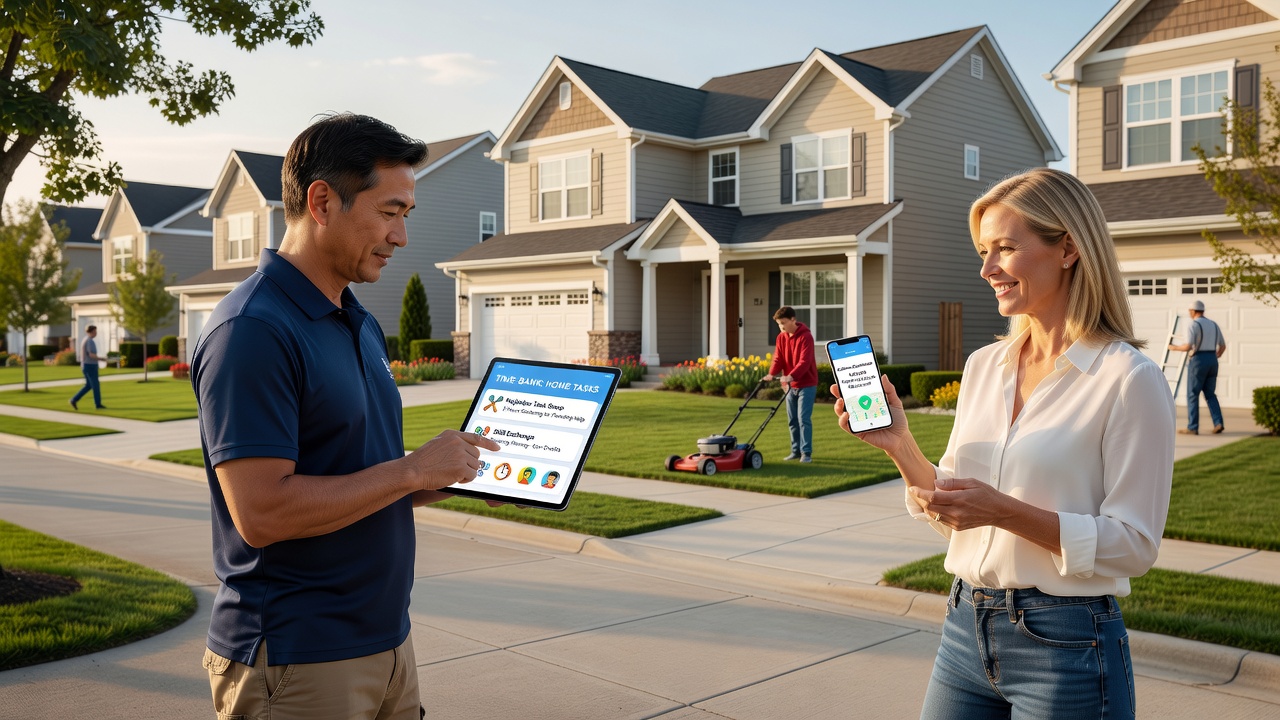 Group of suburban neighbors using a mobile app to schedule time-based home repair exchanges