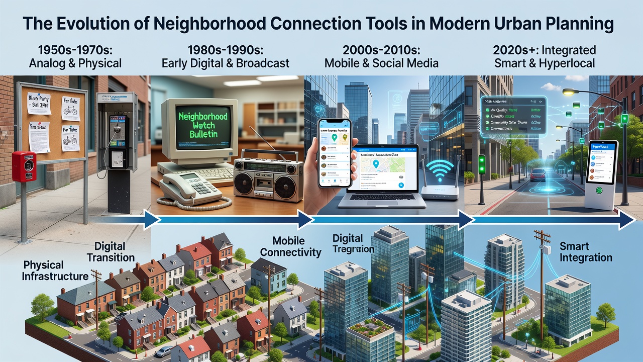 Digital neighborhood apps and urban planning interfaces showing community engagement metrics